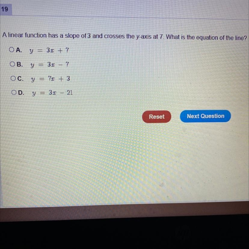 A linear function has a slope of 3 and crosses the y- axis at 7. What is the equation-example-1