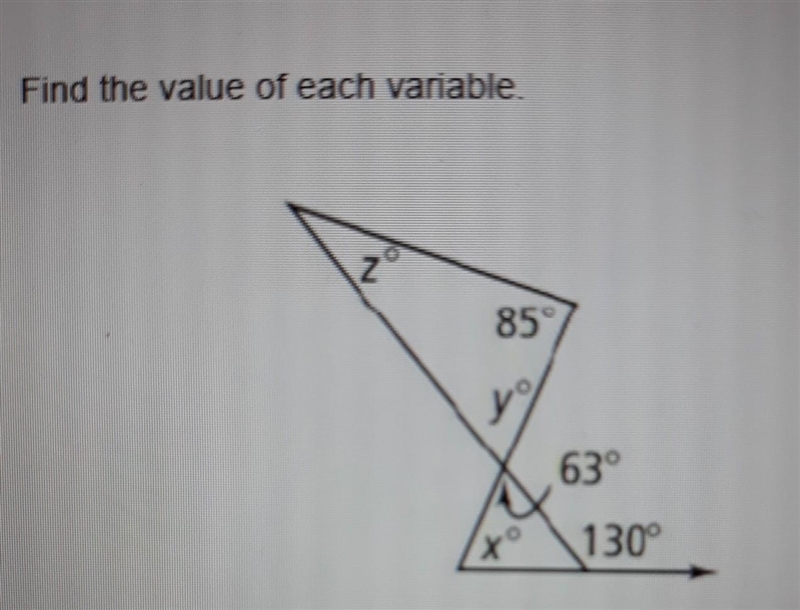 Find the value of each variable. z = ? y = ? x = ? 85 63 all equals 103​-example-1