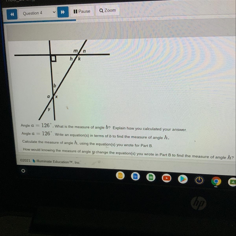 M n hk b a х V Angle a = 126. What is the measure of angle b? Explain how you calculated-example-1