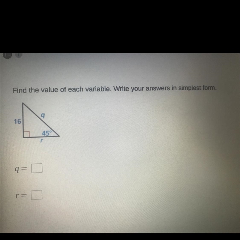 Find the value of each variable. Write your answers in simplest form.-example-1