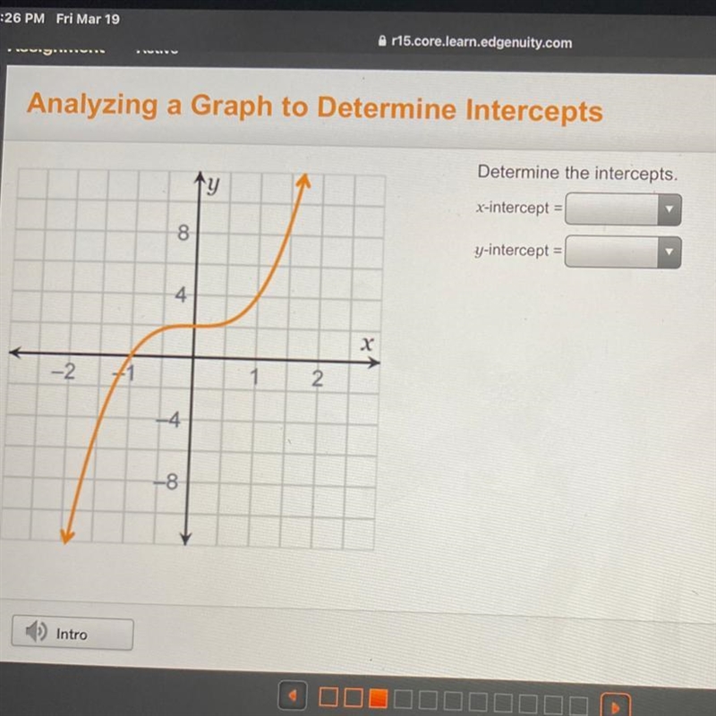 Determine the intercepts. (X intercept & Y intercept) Please help quick!-example-1