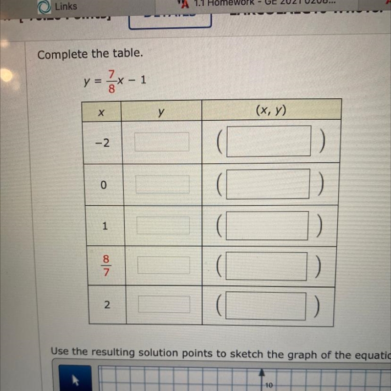 Complete the table, y= 7/8x-1-example-1