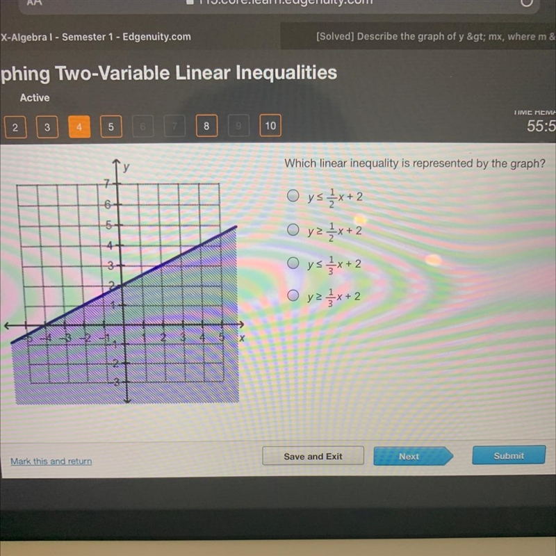 Which linear inequality is represented by the graph? O y < 1/2x +2 O y > 1/2x-example-1