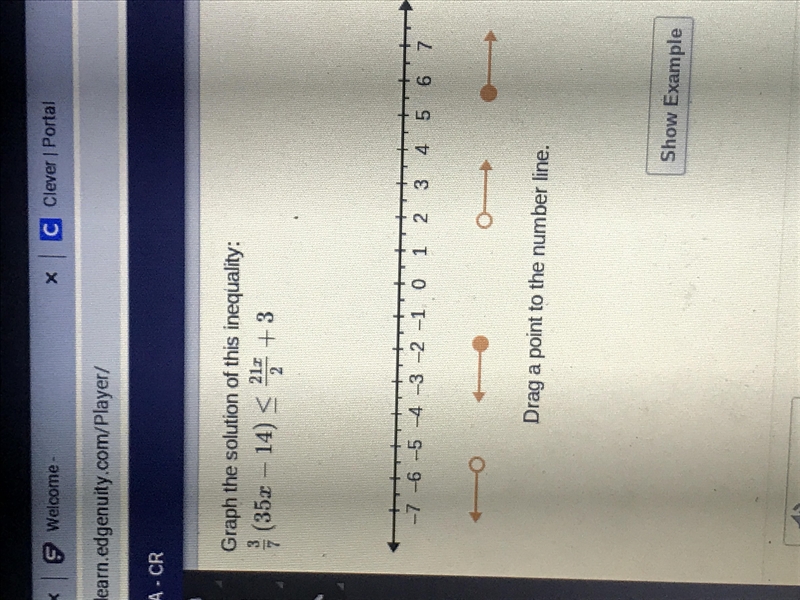 Graph the solution of the inequality 3/7(35x-14)<_ 21x/2+3-example-1