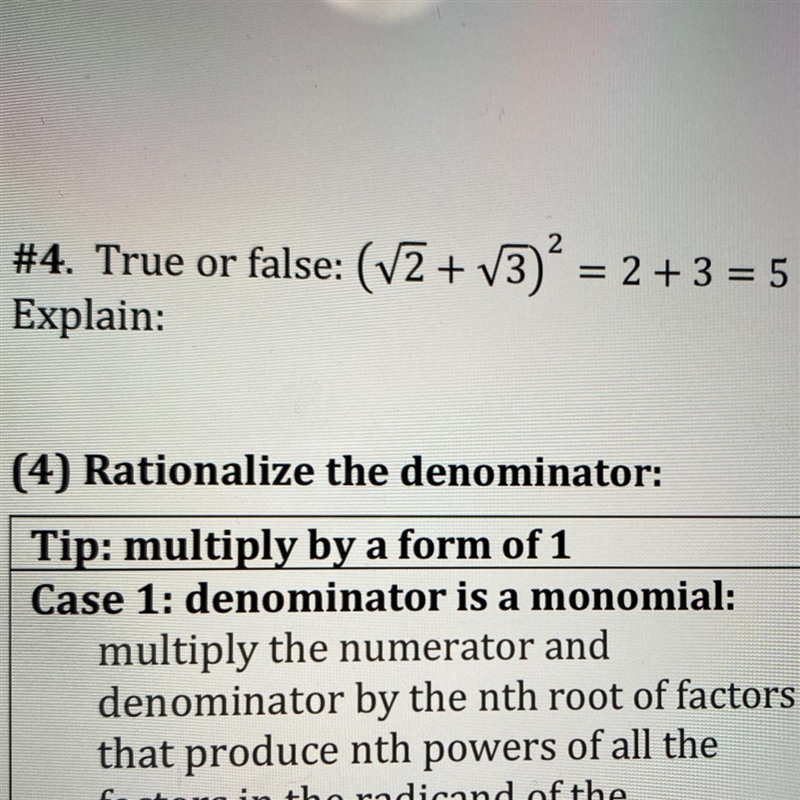 True of false (sqrt 2 + sqrt 3)^2 =2+3=5-example-1