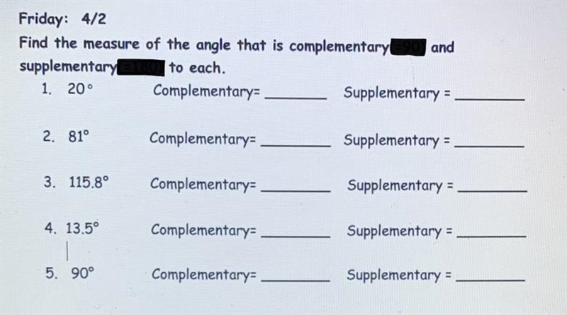 Please help: How do you find complementary and Supplementary angles?-example-1