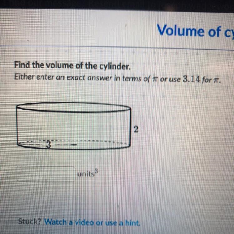 The volume of a cylinder with a height of 2 and radius of 3-example-1