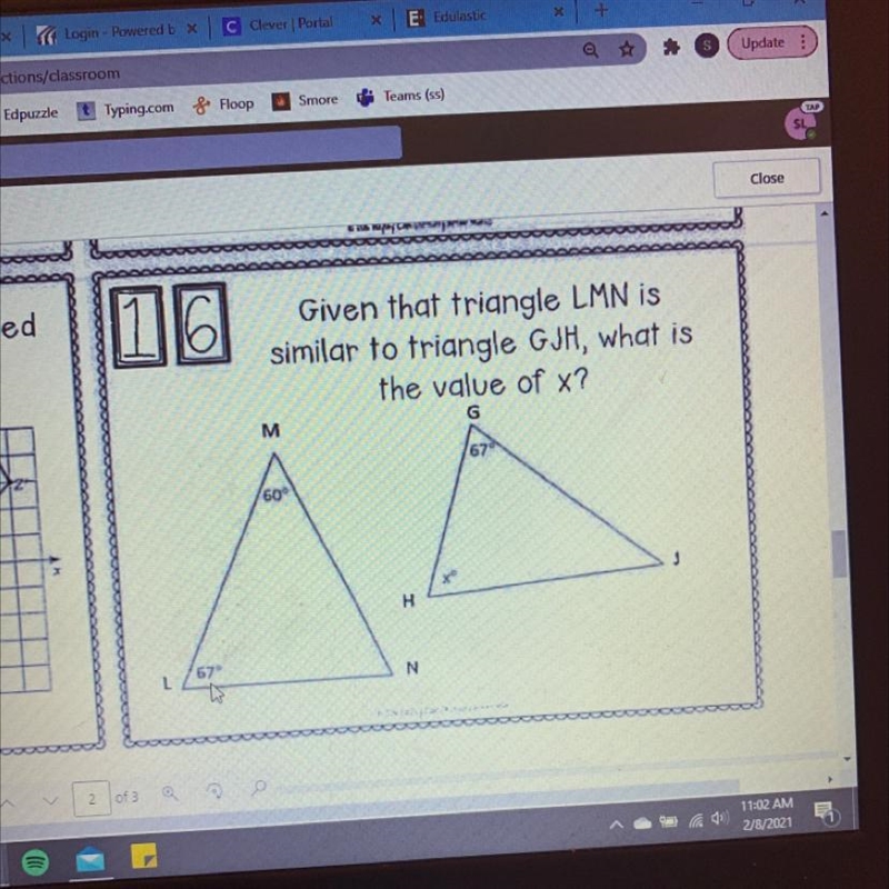 Given that triangle LMN is similar to triangle GJH, what is the value of x?-example-1