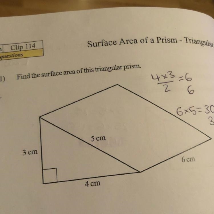 Find the surface area of this triangular prism. Please explain as well, I’m struggling-example-1