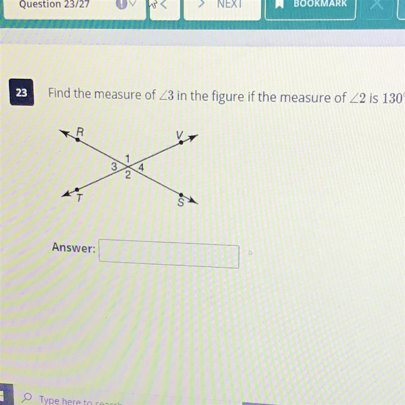 23 Find the measure of<3 in the figure if the measure of <2 is 130° Answer:-example-1