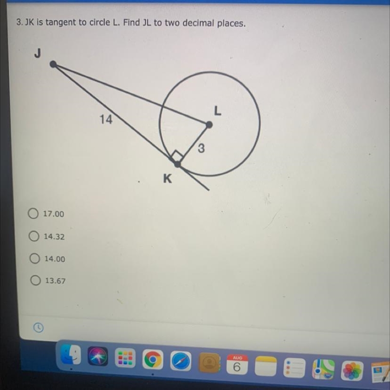 3. JK is tangent to circle L. Find JL to two decimal places.-example-1