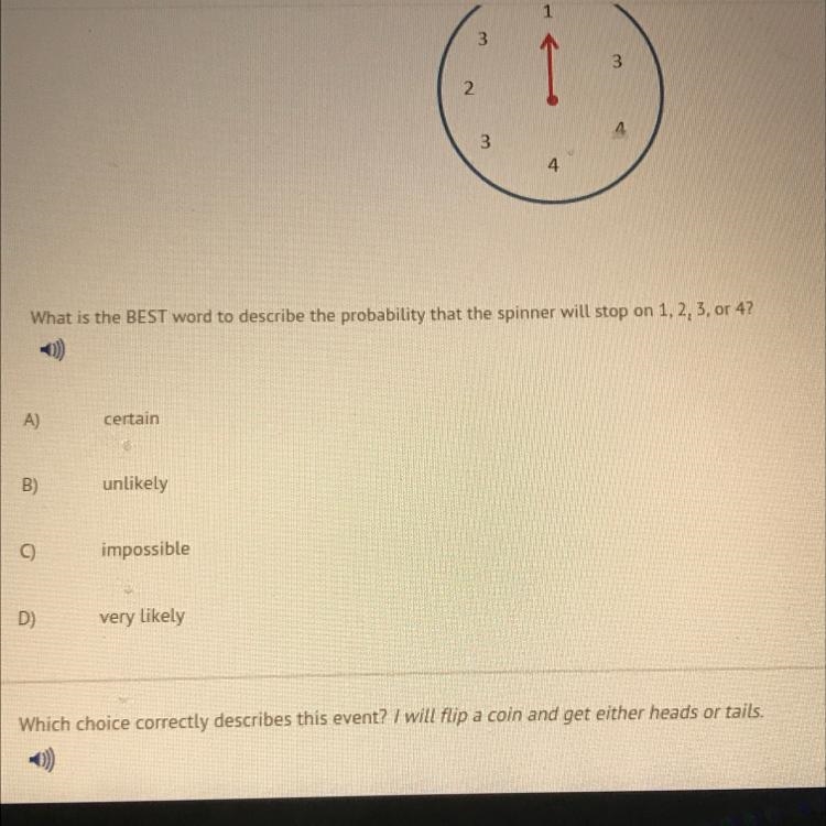 What is the BEST word to describe the probability that the spinner will stop on 1, 2, 3, or-example-1