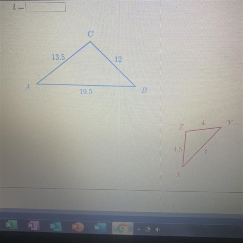 Triangle ABC is similar to triangle XYZ. Solve for t.-example-1