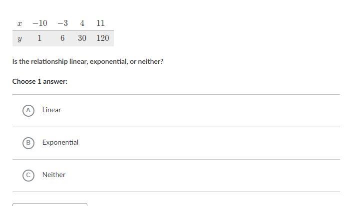 X -10 -3 4 11 y 1 6 30 120 Is the relationship linear, exponential, or neither?-example-1