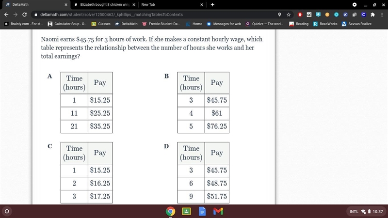 Naomi earns $45.75 for 3 hours of work. If she makes a constant hourly wage, which-example-1