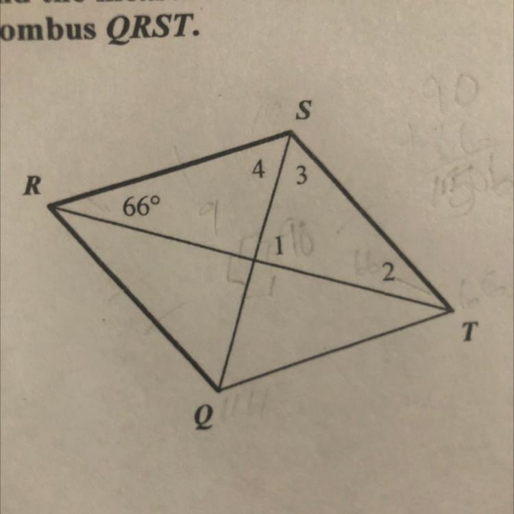 Find the measures of the numbered angles in rhombus QRST-example-1