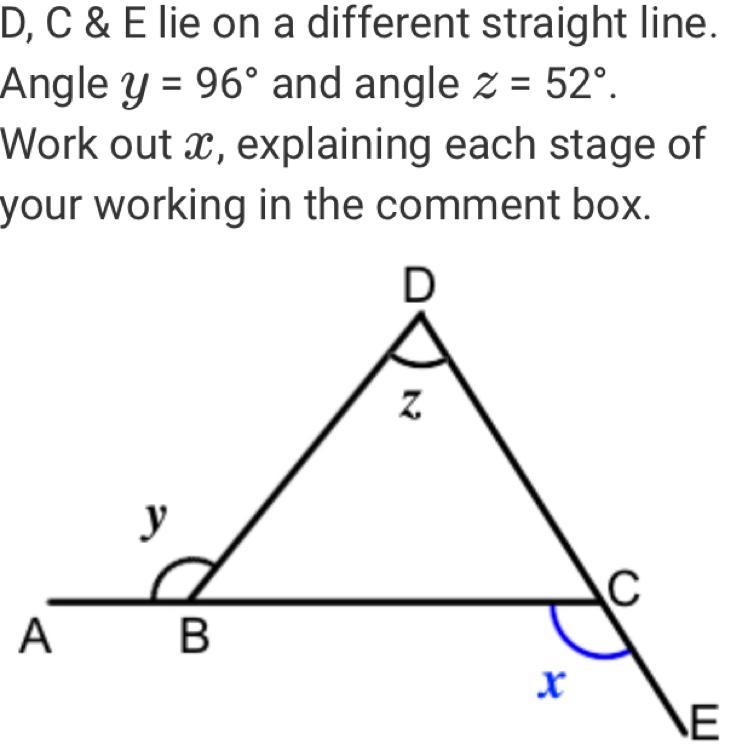 A, B & C lie on a straight line. D, C & E lie on a different straight line-example-1