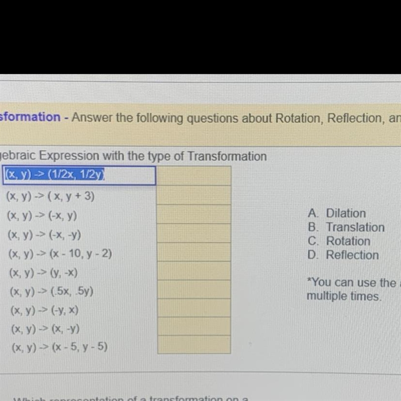 Match the Algebraic expressions with the type of transformation.-example-1