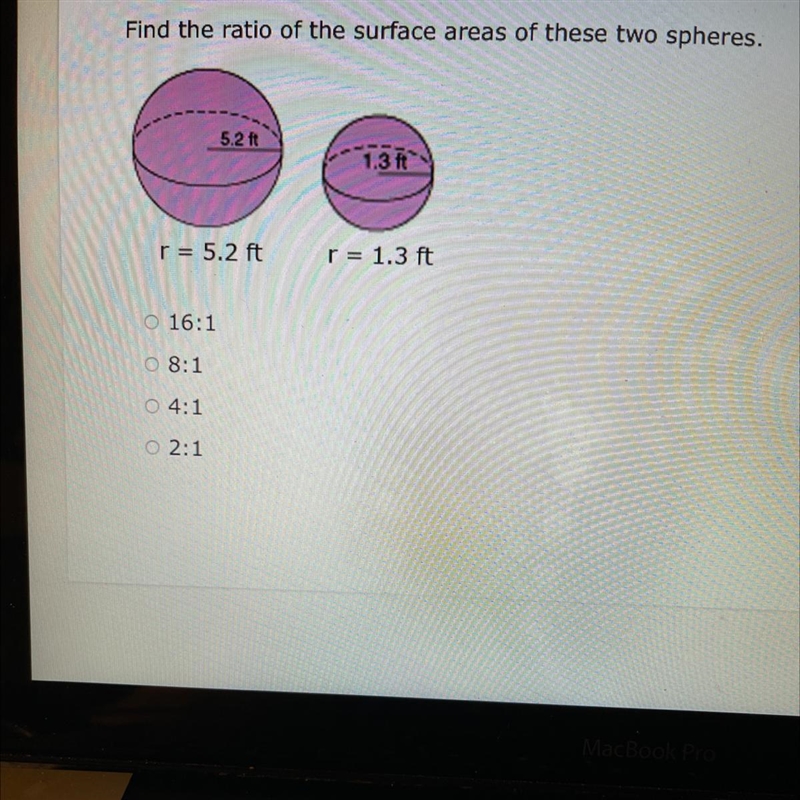 Find the ratio of the surface areas of these two spheres￼-example-1