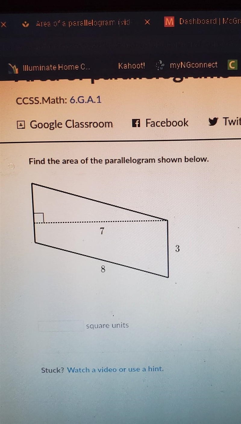 Find the area of the parallelogram shown below. 7 3 8 square units​-example-1