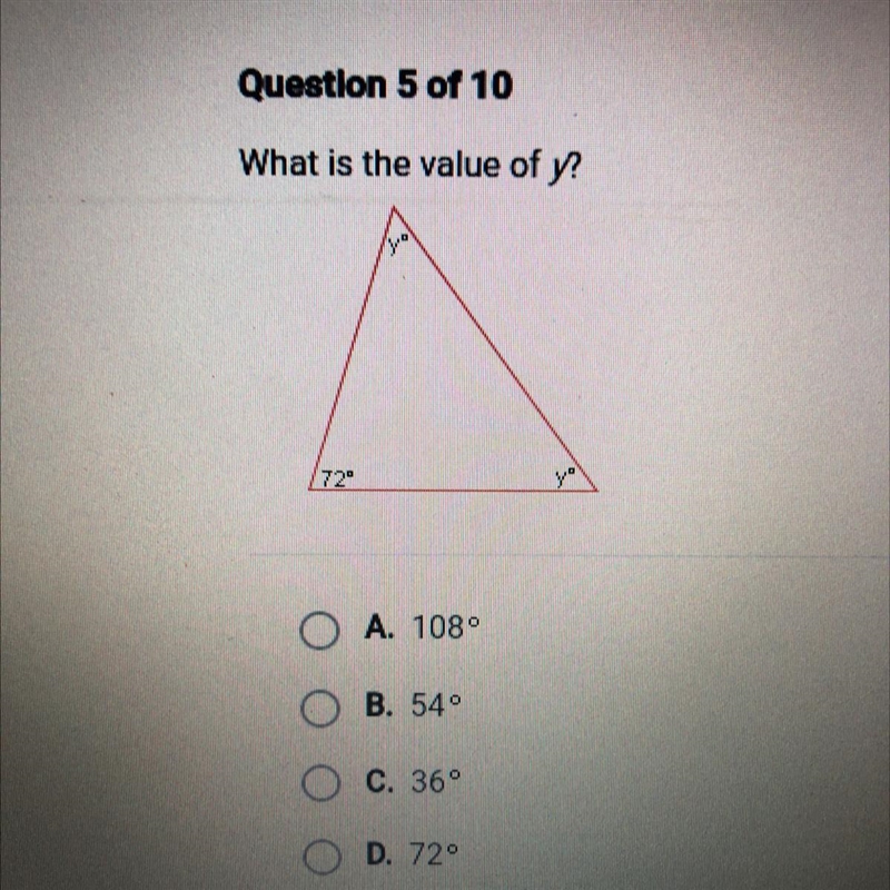 What is the value of y? 72° A. 1080 B. 540 C. 36° D. 720-example-1