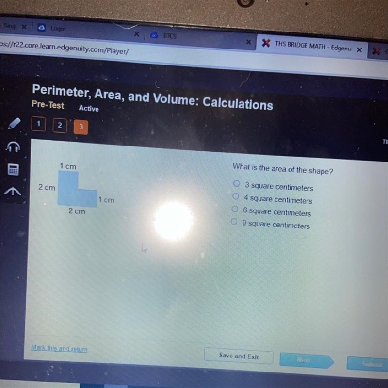 What is the area of the shape? 3 Square centimeters 4 square centimeters 6 squared-example-1