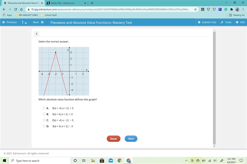 A. f(x) = -4|x + 2| + 3 B. f(x) = 4|x + 2| + 3 C. f(x) = -4|x − 2| − 3 D. f(x) = 4|x-example-1