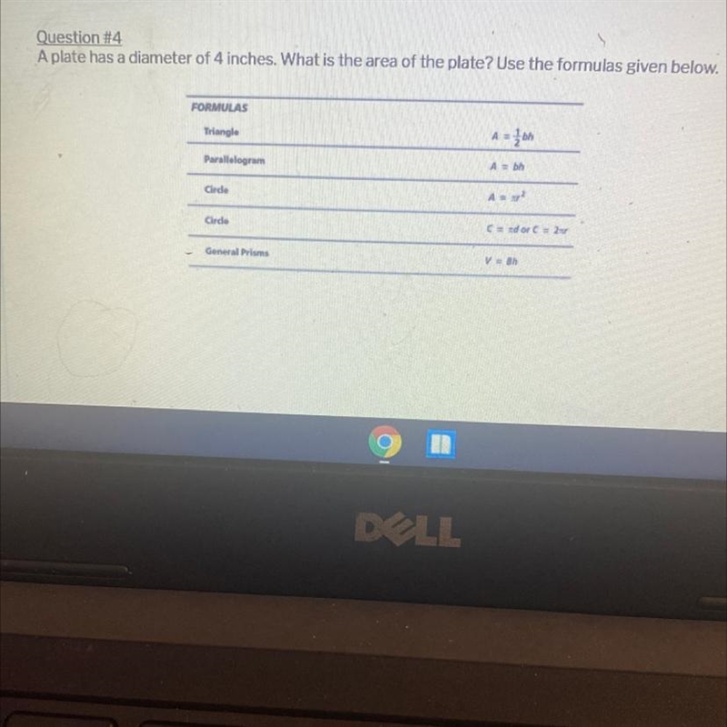 A plate has a diameter of 4 inches . What is the area of the plate ?-example-1