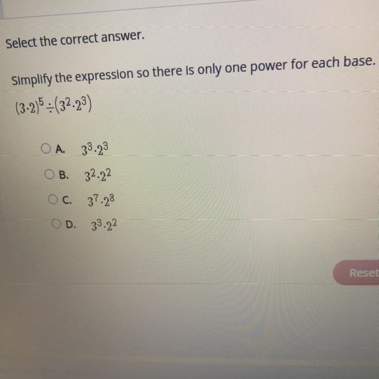 Select the correct answer. Simplify the expression so there is only one power for-example-1