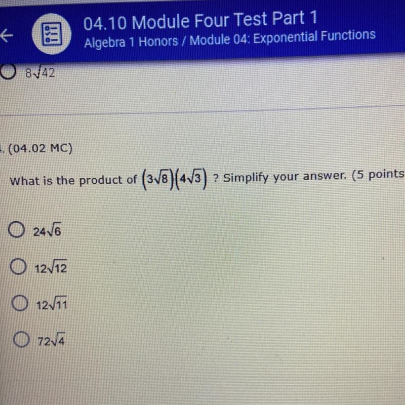 What is the product of (3to the square root of 8)(4 to the square root of 3)? Simplify-example-1