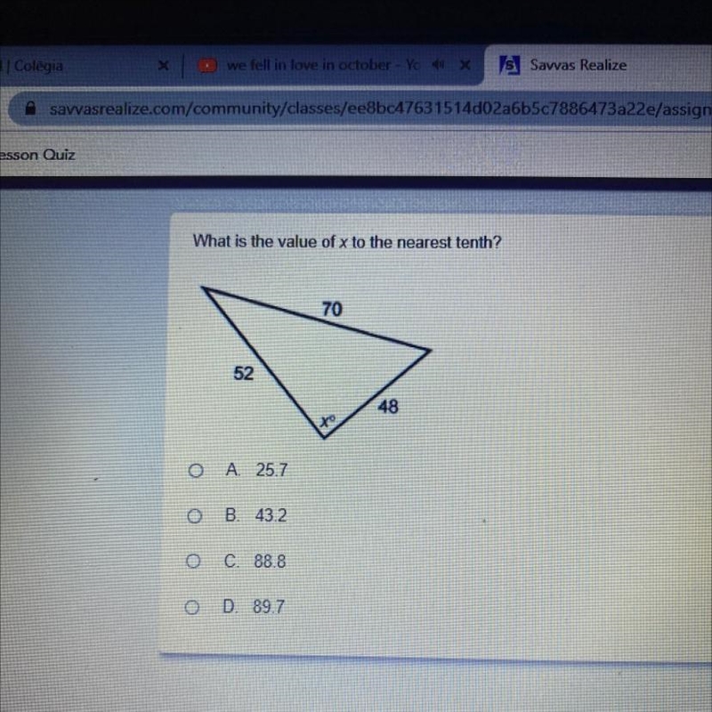 What is the value of x to the nearest tenth? A 25.7 B. 43.2 C. 88.8 D. 89.7-example-1