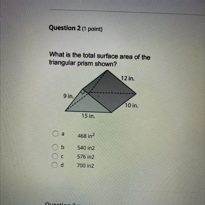 What is the total surface area of the triangular prism shown? 12 in. 9 in. 10 in. 15 in-example-1