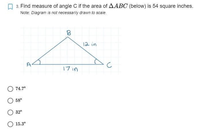 . Find the measure of angle C if the area of triangle ABC (below) is 54 square inches-example-1