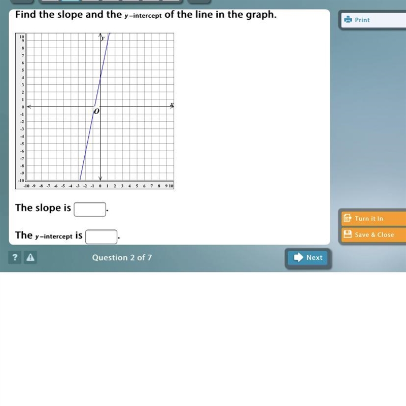 Find the slope and the y−intercept of the line in the graph. The slope is . The y-example-1