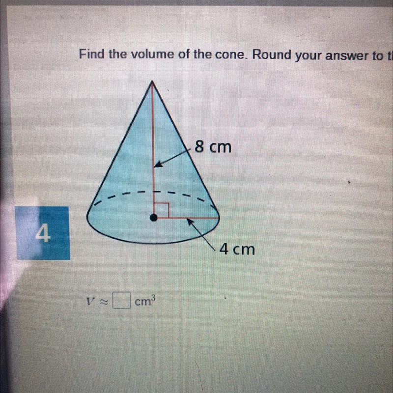 Find the volume of the cone. Round your answer to the nearest tenth-example-1