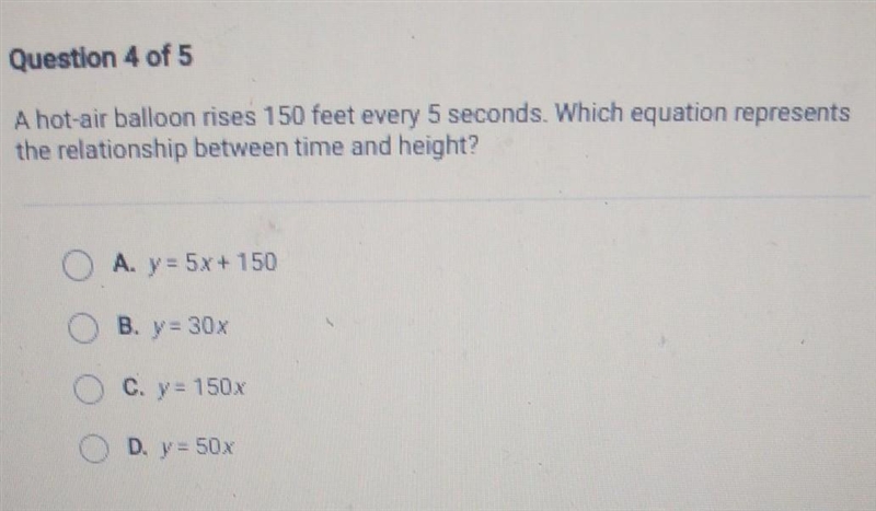 A hot air balloon rises 150 feet every 5 seconds. Which equation represents the relationship-example-1