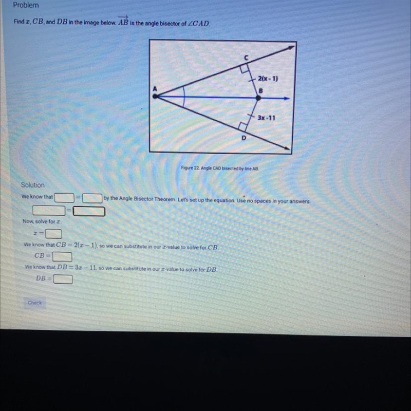 Find x, cb, and db, in the image below . AB is the angle bisected if ** Fill the blanks-example-1