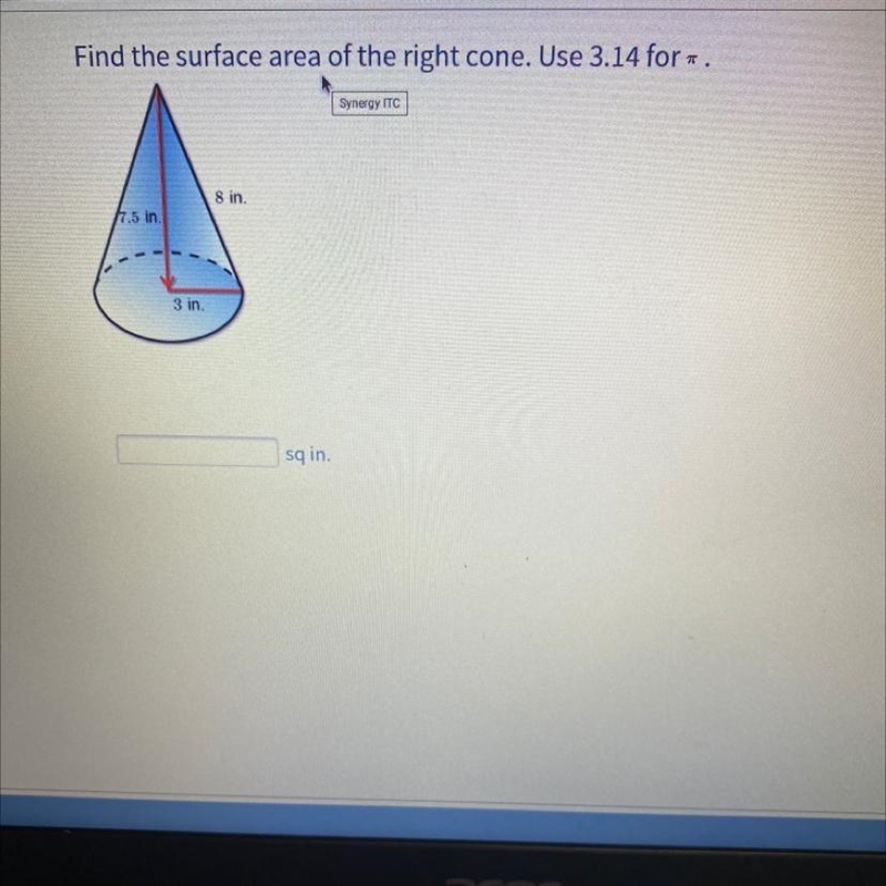 Find the surface area of the right cone. Use 3.14 for pi-example-1