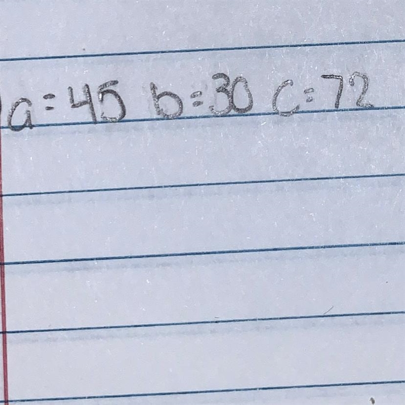 Use the law of cosines to solve the triangle. a=45,b=30,c=72-example-1