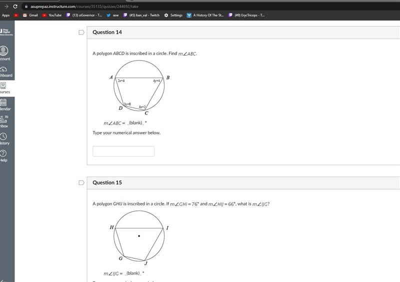 14. A polygon ABCD is inscribed in a circle. Find angle ABC 15. A polygon GHIJ is-example-1