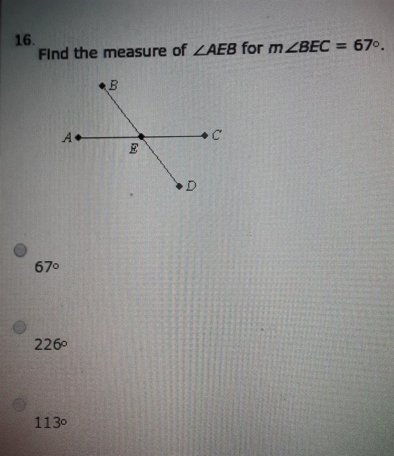 Find the measure of <AEB for m<BEC = 67°​-example-1