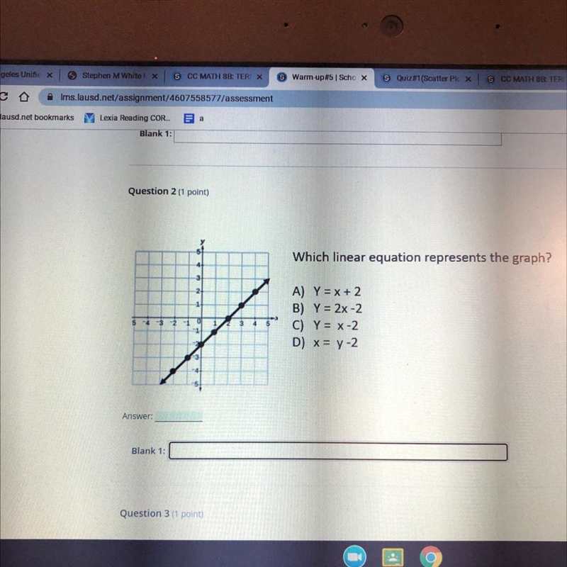 5 Which linear equation represents the graph? 4 34 24 1 A) Y = x + 2 B) Y = 2x-2 C-example-1