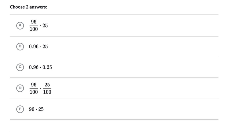 Which of the following options have the same value as 96%percent of 25?-example-1