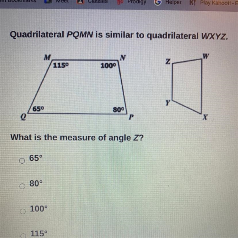 Quadrilateral PQMN is similar to quadrilateral WXYZ. what is the measure of angle-example-1