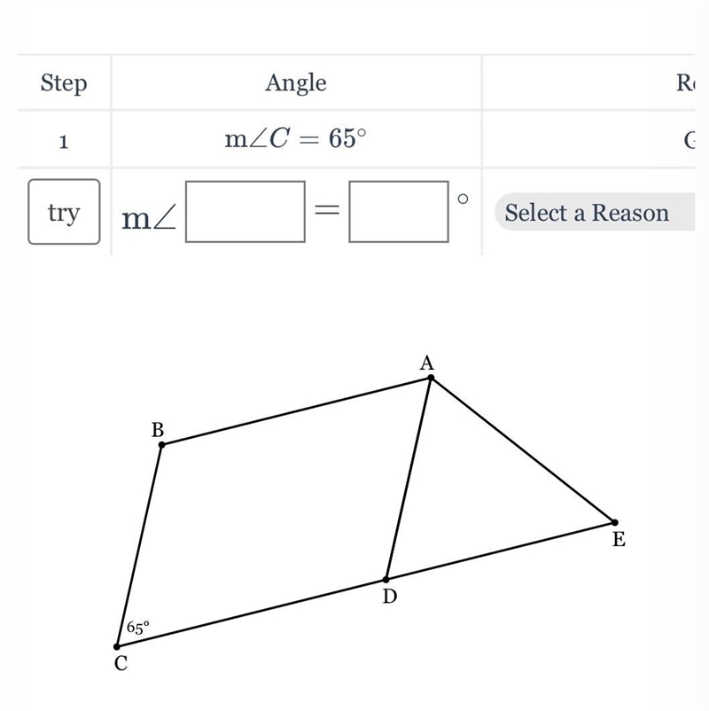 In the Diagram below DE≅AE ,BA∥CE , CB∥DA and m∠C=65∘ Find m∠BAE-example-1