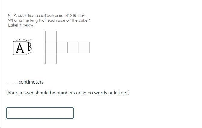 A cube has a surface area of 216 square centimeters. What is the length of each side-example-1