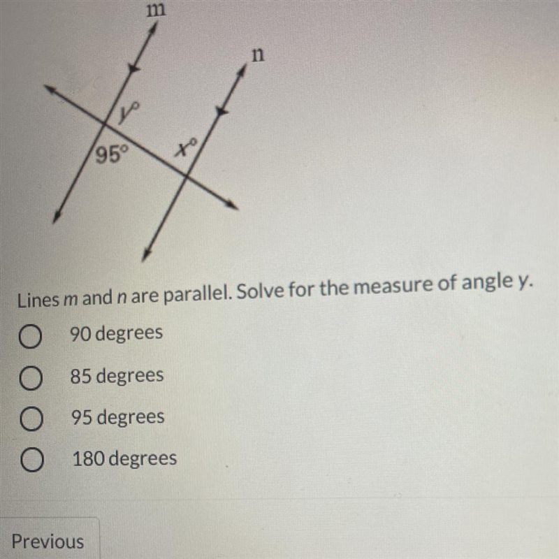 M רון n 95° to Lines m and n are parallel. Solve for the measure of angle y. 90 degrees-example-1