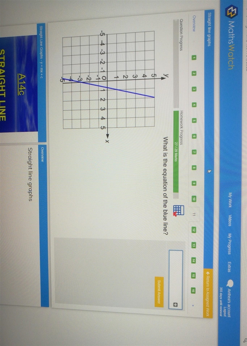 What is the equation of the blue line? The answer y = 3x-7 / y = 3(x-4)+5 is wrong-example-1