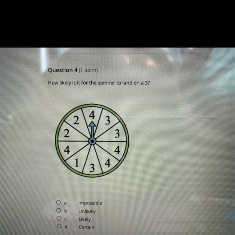 HELP!! Question 4 (1 point) How likely is it for the spinner to land on a 3? Impossible-example-1