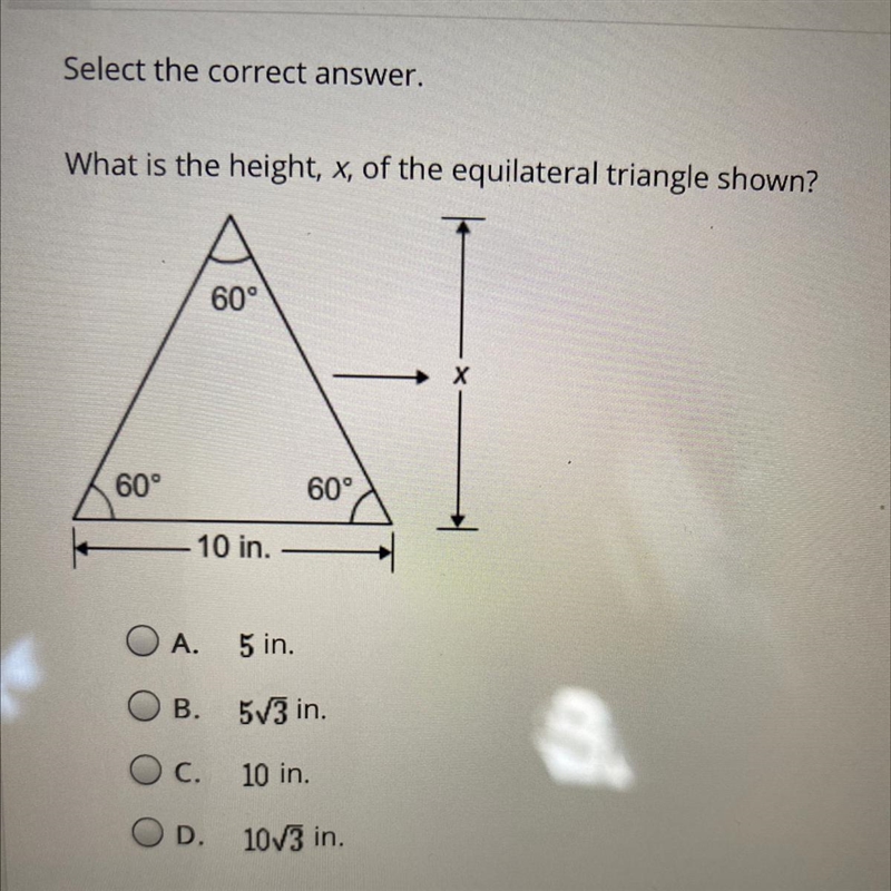 What is the height, x, of the equilateral triangle shown?-example-1